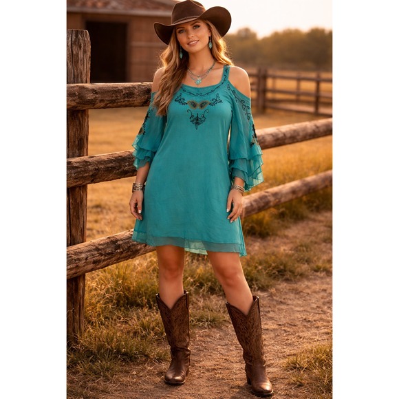 R Cinco Ranch Dresses & Skirts - R Cinco Ranch Embroidered Tunic Dress L Cold Shoulder Boho Western Rodeo Chic